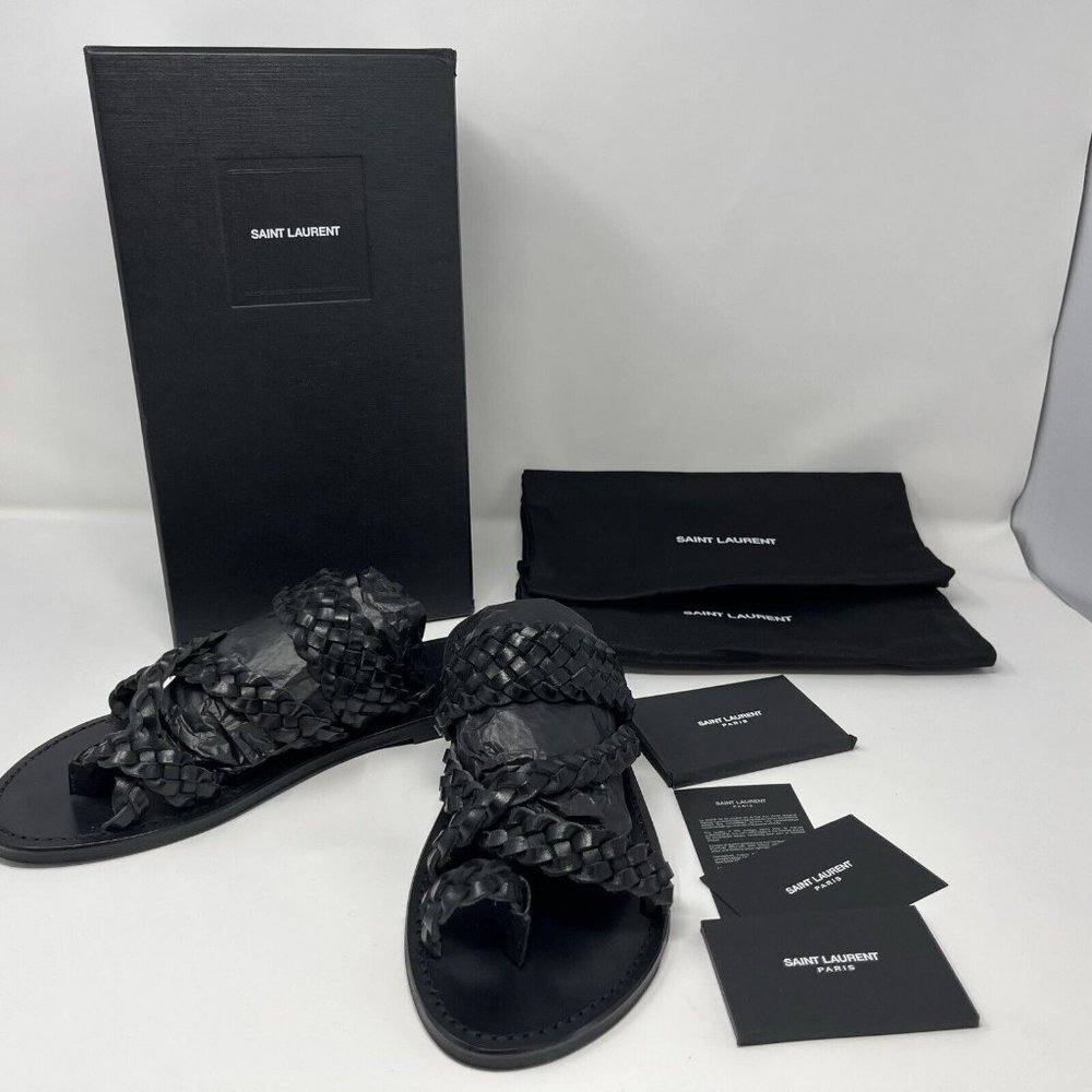 Saint Laurent YSL Women's Neil Slip On Braided Leather Sandals Black 40 EU 10 US